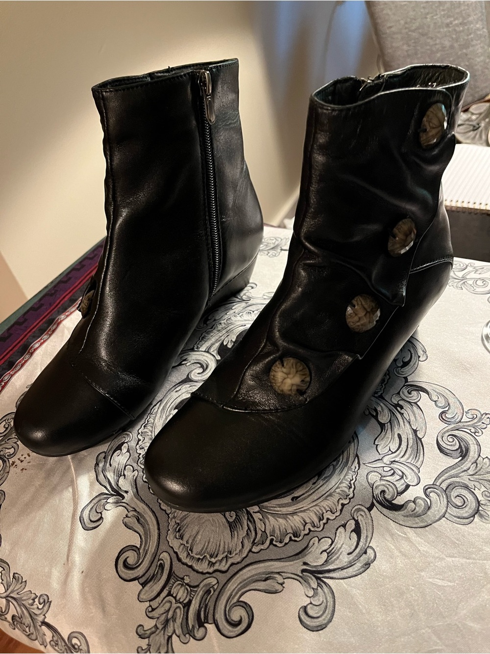 Spring Step Black Leather Ankle Booties with Decorative Buttons